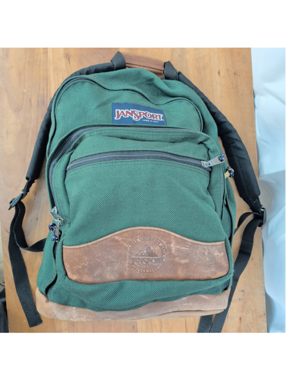 Vintage Green Jansport USA Made Backpack with leather trim